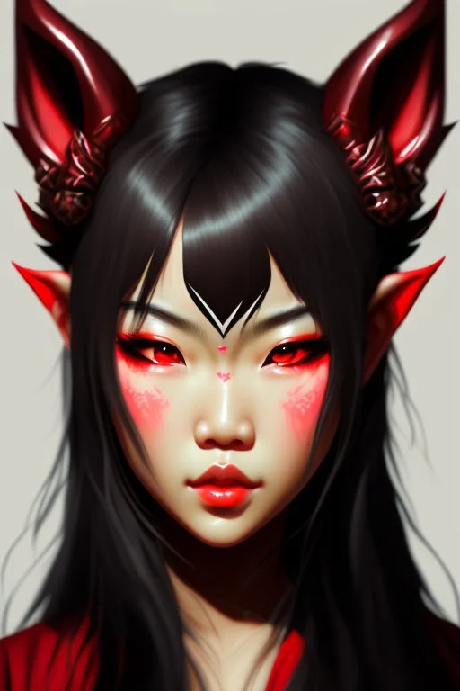 Beautiful devil asian girl with devil horns on her head, with brown eyes, detailed, looking at the camera, princess