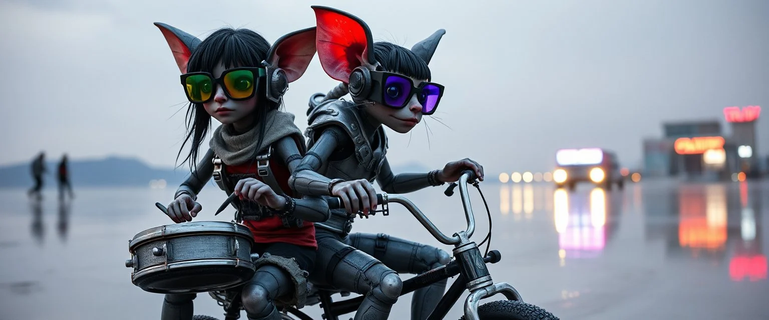 girls with glasses and ticks, cyberpunk imagery synchronized mechanical gremlin rat bat drumming kit trike flickering stable core, wet reflective salt flat city