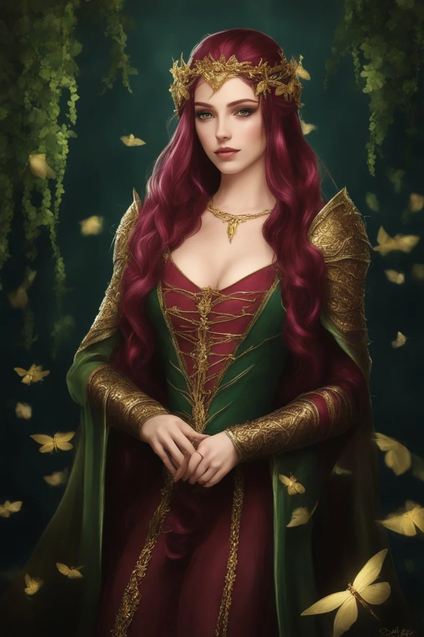 Dark green hair,rapunzel hair,very long hair,ivy,lillies of the valley,dark green,burgundy,golden armor,night,dragonflies,sparkle,elven crown,elven ears,gold