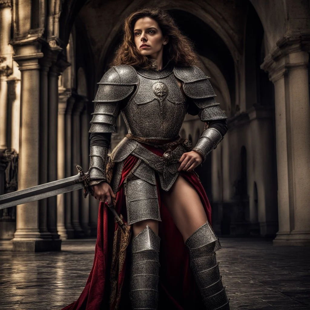 Behold the powerful alluring and pretty portuguese knight woman, her body adorned with the traditional knight armor, HDR, beautifully shot, hyperrealistic, sharp focus, 64 megapixels, perfect composition, high contrast, cinematic, atmospheric, moody