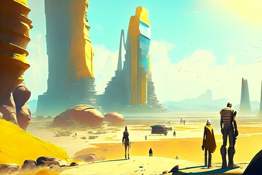 Sunny day, people near the, rocks seeing a distant modern city, sci-fi