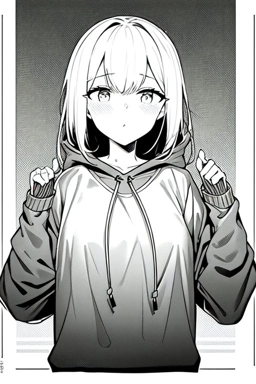 thoughtful girl in a loose sweatshirt, line arts, greyscale