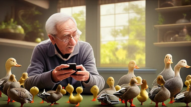 confused older man using cellphone in his kitchen telling the ducks and geese that surround him to "go away"