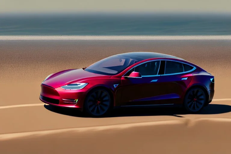 A Tesla 'Model S' is going at a high speed, at the 'Santa Monica State Beach' in California. (CINEMATIC, WIDE ANGLE LENS, PHOTO REAL)