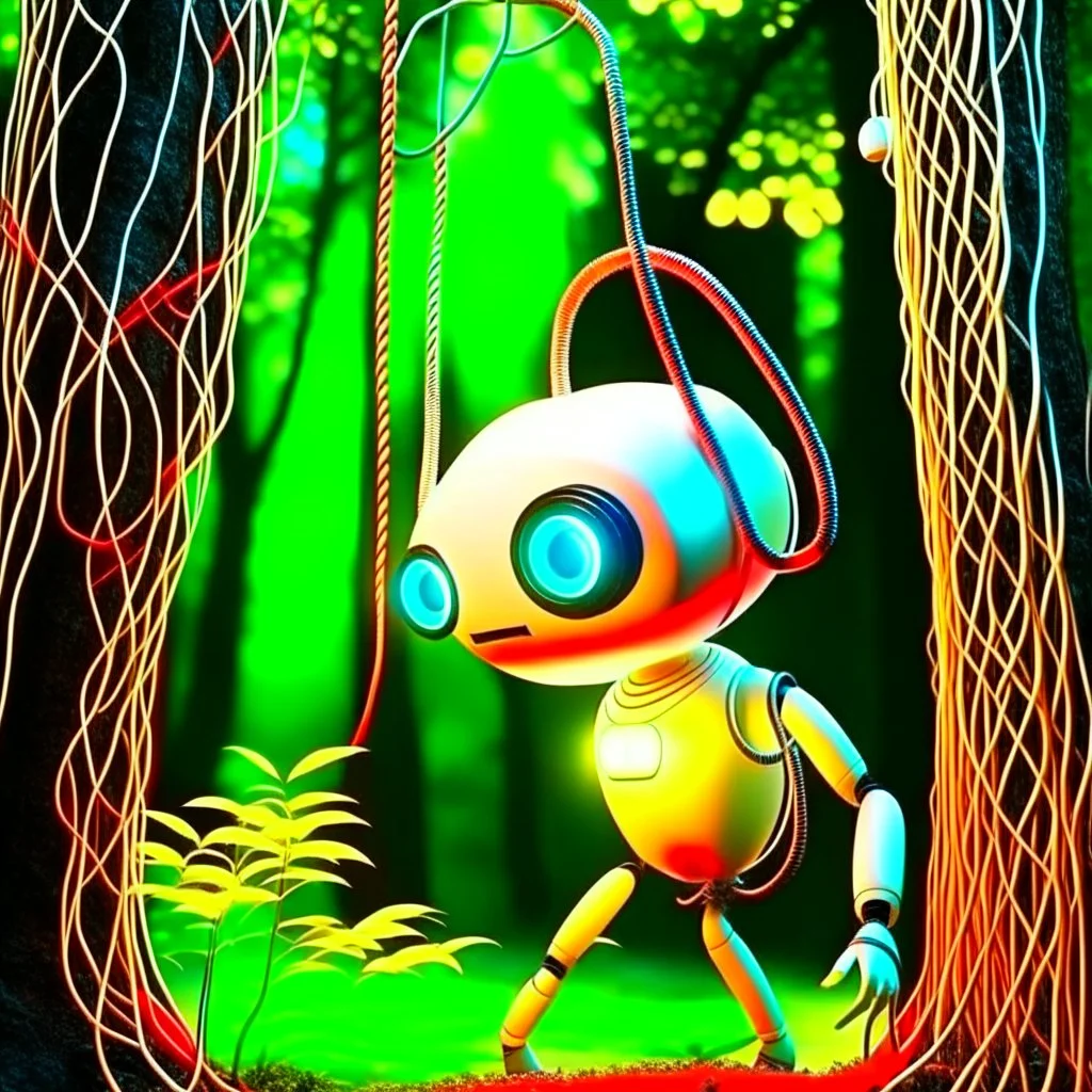 portrait of a cute chat robot suspende by rope in an underground grove, in the style of dali, 8k, down-light, soft light, depth of field, photo realism, trending on art station, high detail,