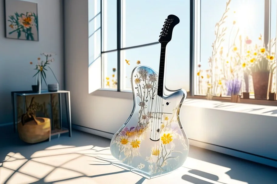 A lovely clear transparent resin guitar with wildflower design in a modern room in sunshine