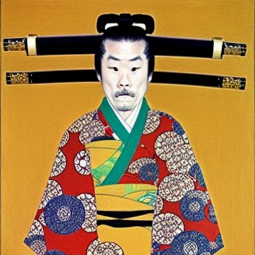 Retrato de cuerpo entero una Samurai con Katana vestida con kimono muy guapa y voluptuosa con el estilo de Gustav Klimt