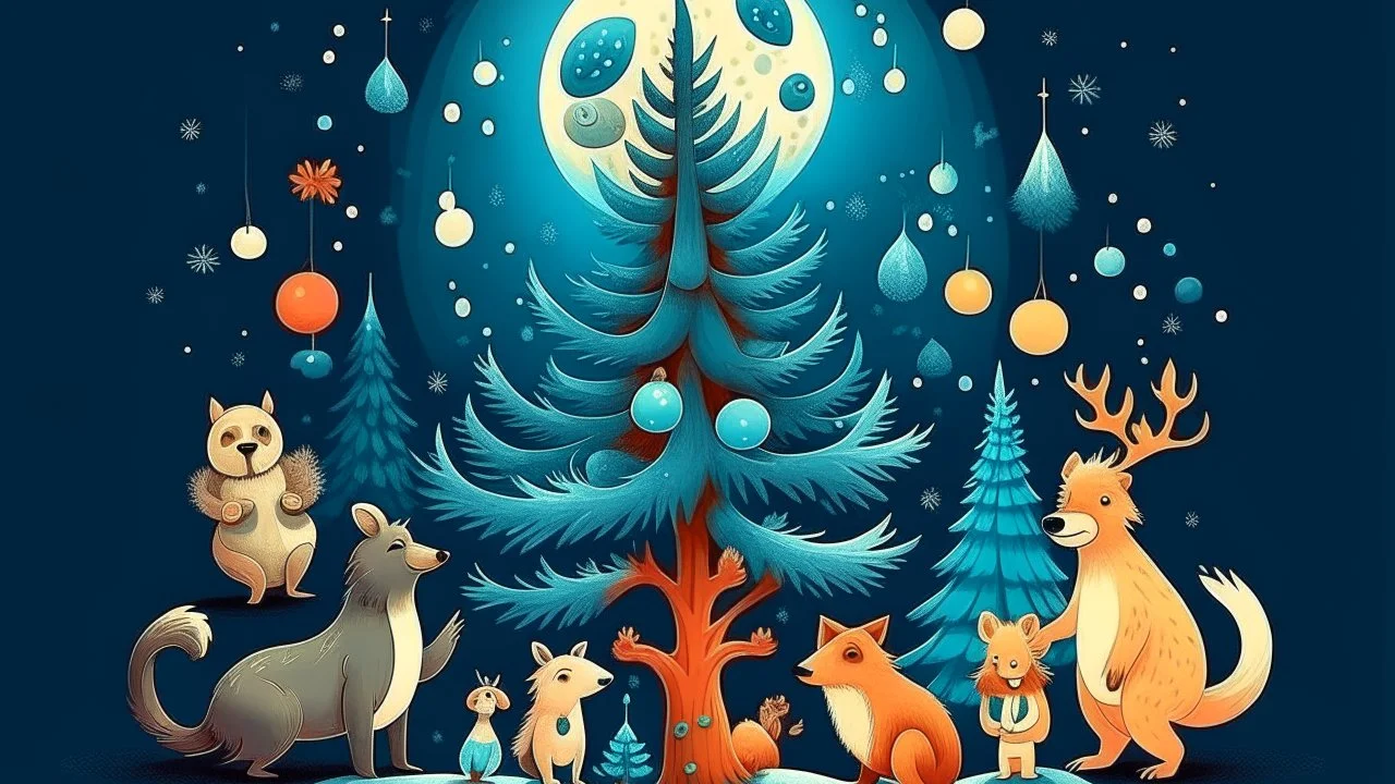 fantasy cartoon illustration: animals are decorating a Christmas tree, beneath a full moon