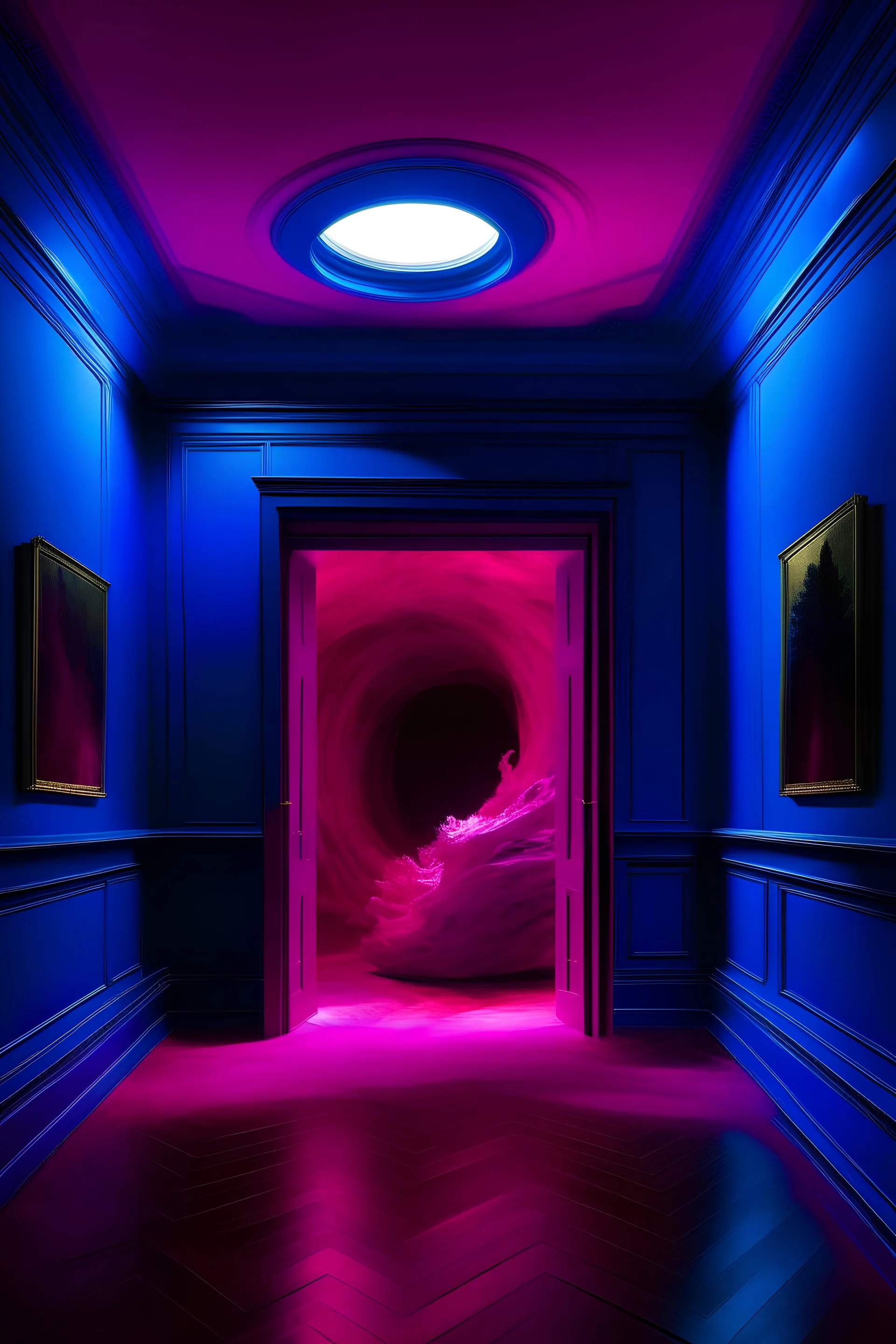 un vortice colore indaco, che illumina una stanza fucsia