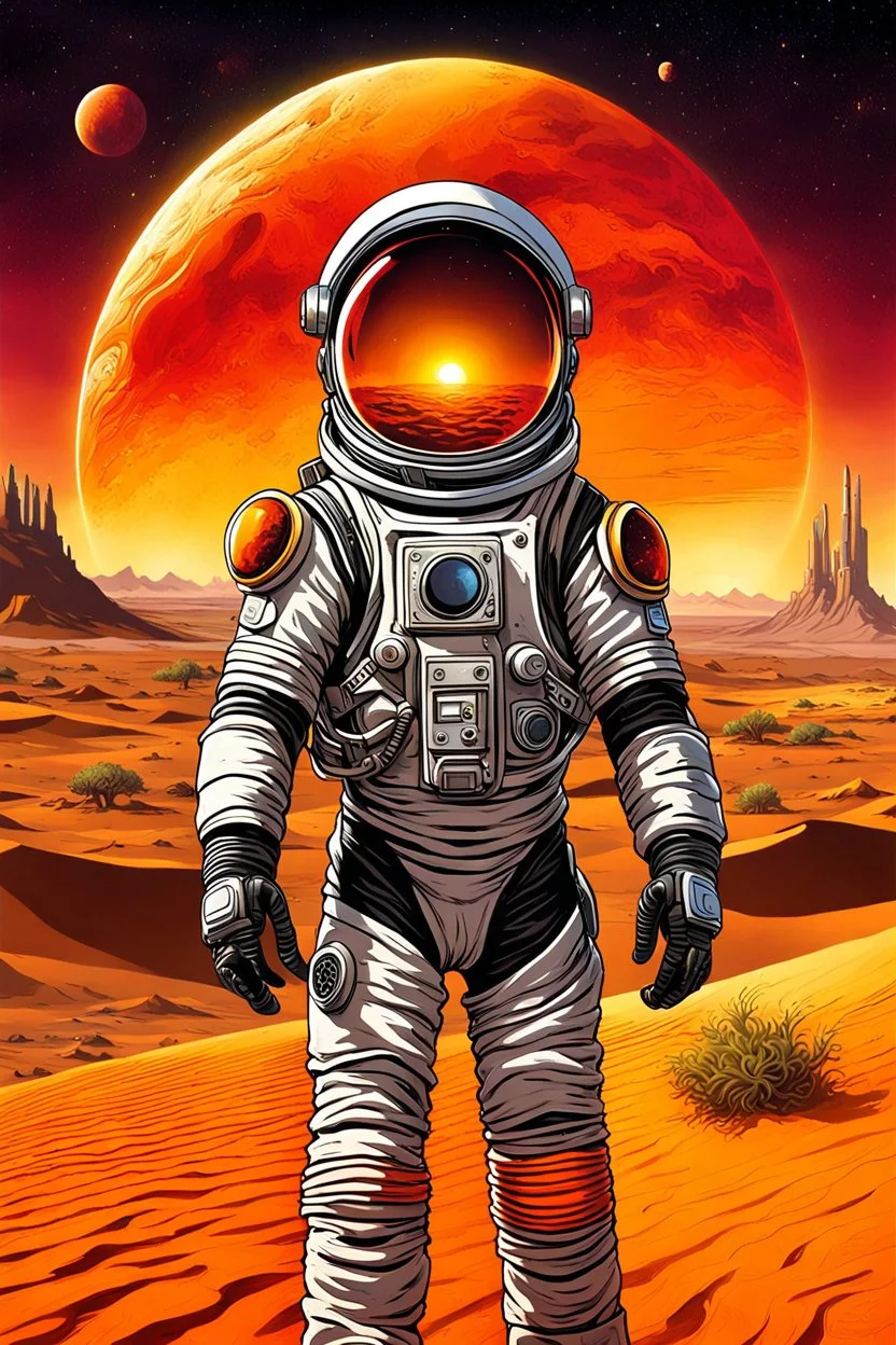 close up portrait of a lonely astronaut stands on an alien desert, the sun setting in vibrant hues of orange and yellow and red. His helmet reflects the light, he gazes at towering structures on the horizon—remnants of a once-great civilization. With every step through the barren sands, the weight of his mission grows heavier. Is he a pioneer, The silence and black shadows around him , surreal, dark sci-fi, utopistic vibe