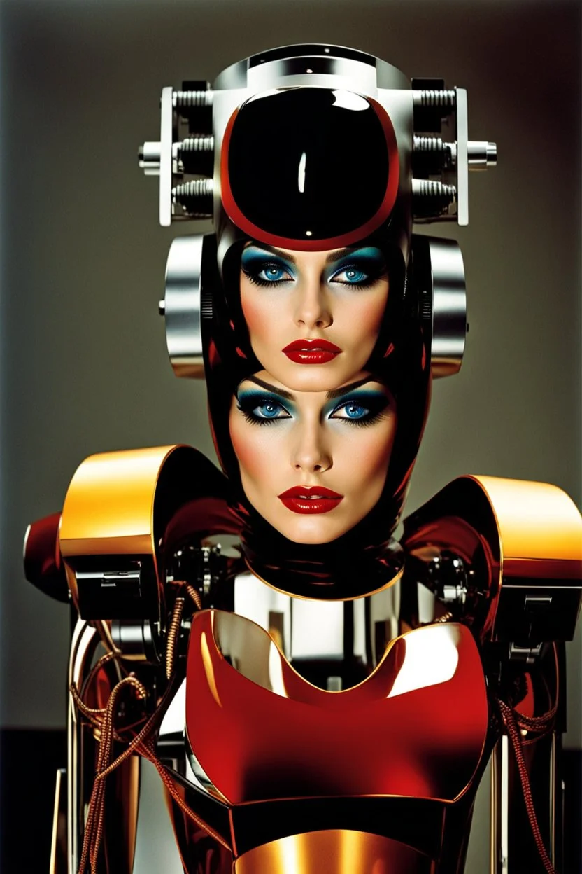 female humanoid robot, beautiful like a supermodel from the sixties, beautiful eyes, sexy, most beautiful, helmut newton, evil woman, hypnotic eyes, polaroid colors, electric sexuality