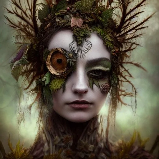 karlan, rusty metal, feathers, Dryad, fae, sidhe, ominous, nature, plants, wildflower, facepaint, dnd character portrait, intricate, oil on canvas, masterpiece, expert, insanely detailed, 4k resolution, retroanime style, cute big circular reflective eyes, cinematic smooth, intricate detail , soft smooth lighting, soft pastel colors, painted Renaissance style. pencil sketch