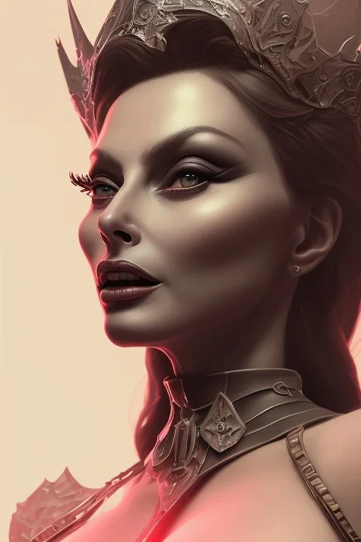 Sophia Loren as evil queen in black leather, cleavage, dominatrix, angry, stern look. character design by cory loftis, fenghua zhong, ryohei hase, ismail inceoglu and ruan jia. unreal engine 5, artistic lighting, highly detailed, photorealistic, fantasy