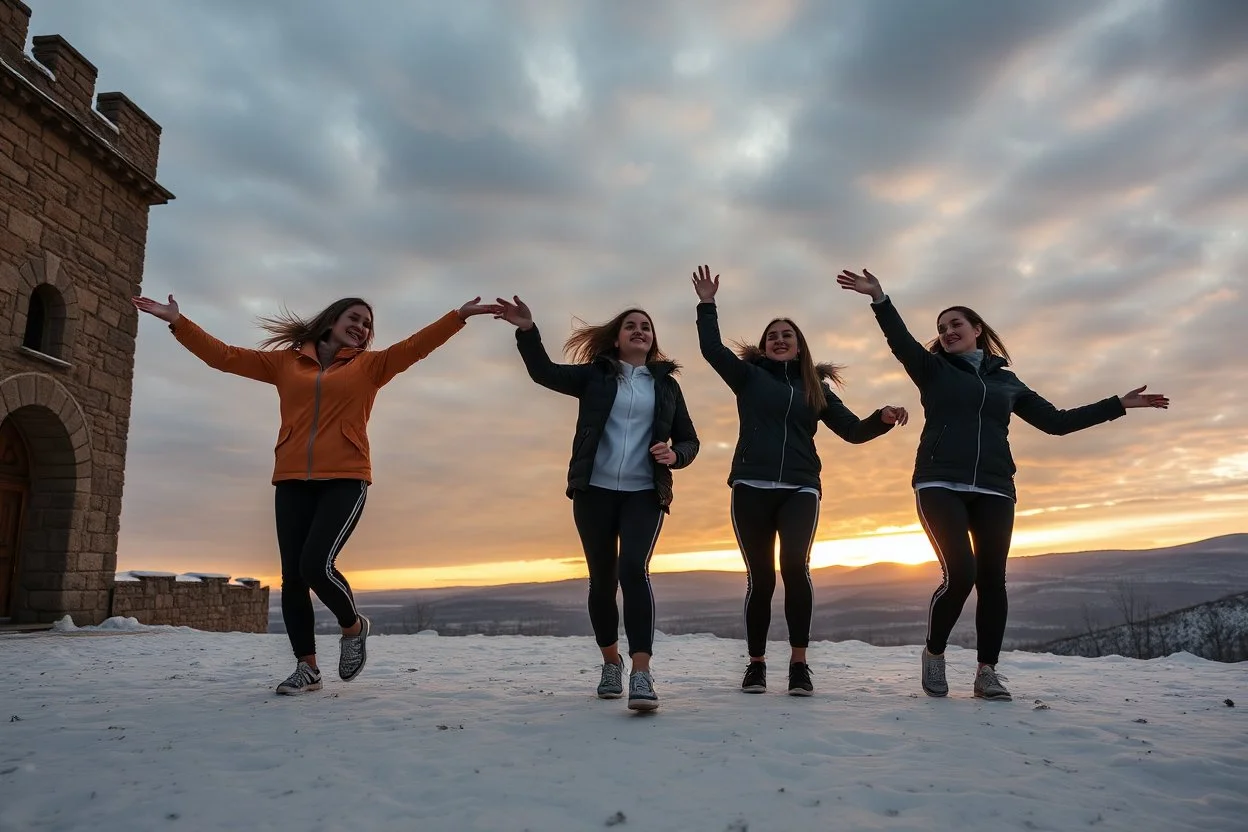 a group of Turkish young ladys in sports pants and blouse winter jacket are dancing in Babak Castle in Iran west north ,cloudy sun set sky,snowy environment