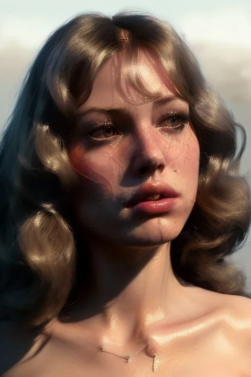 1970's porno model, cute, big droopy eyes, pouty wet lips, angelic face with minor blemishes, beautiful, long orange flowing hair, wavy hair, curly hair، black eyes, distant POV, low angle shot, cinematic, misty atmosphere, 8k, resolution concept art portrait by Greg Rutkowski, Artgerm, WLOP, Alphonse Mucha dynamic lighting hyperdetailed intricately detailed, bokeh, Stunning 8k ektar film scan, rim light, volumetric lighting