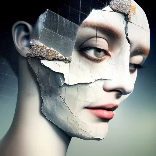 broken, cracked, shattered porcelain made of bride's face, bridal veil, fine detail, highly intricate, modern surrealism painting, high-quality, volumetric lighting, 8k, ultrahd, George Grie, Marco Escobedo, Igor Morski