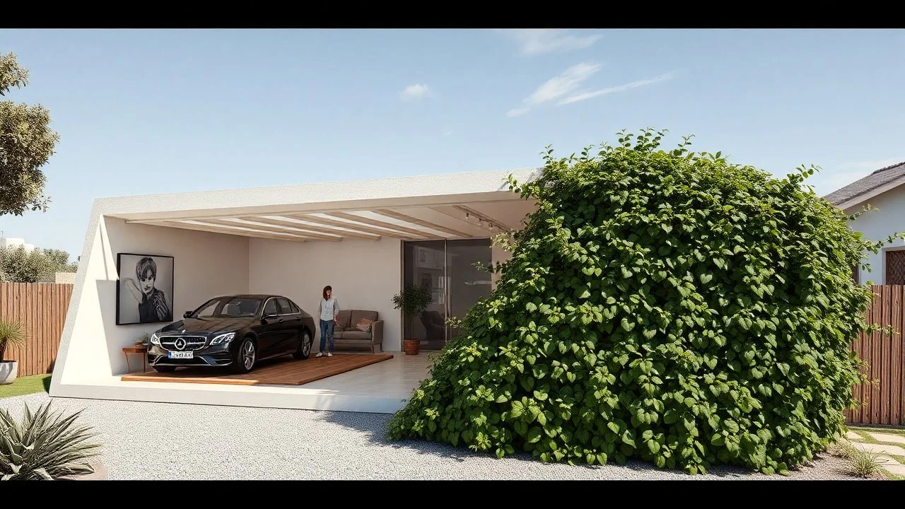 Irregular trapezoidal structure that forms a construction with a dense vine on the right side and on the left a room where there is a modern car and a person, a type of awning provides shade for both,