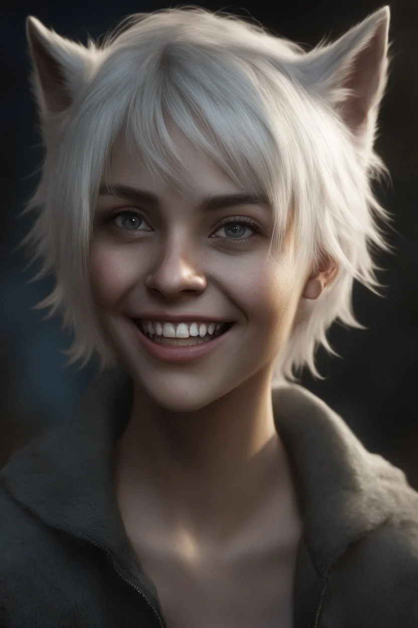 Werewolf, Chiaroscuro lighting, deep shadows, rich deep colors, masterpiece, full body portraits, 8K Ultra-HD, Hyper Realistic, Photorealistic, Realistic, focused, Clear, Extremely Detailed, beautiful, Cinematic, proportionate, full color, an image of a smiling young female Werewolf with short, pixie-cut bleached white hair, tapered on the sides, wearing a pair of blue round lensed glasses, big, gold hoop earrings, big happy smile, a foggy, cloudy blue background