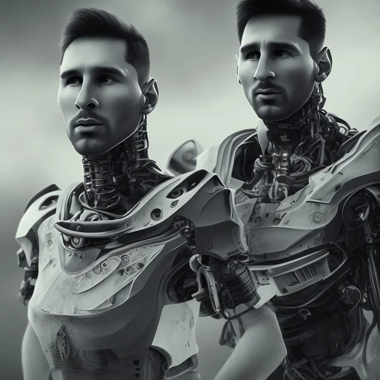 lionel messi perfect face and portrait post-apocalypse perfect cyborgs in a footbal stadium, sci-fi fantasy style, 8k,dark