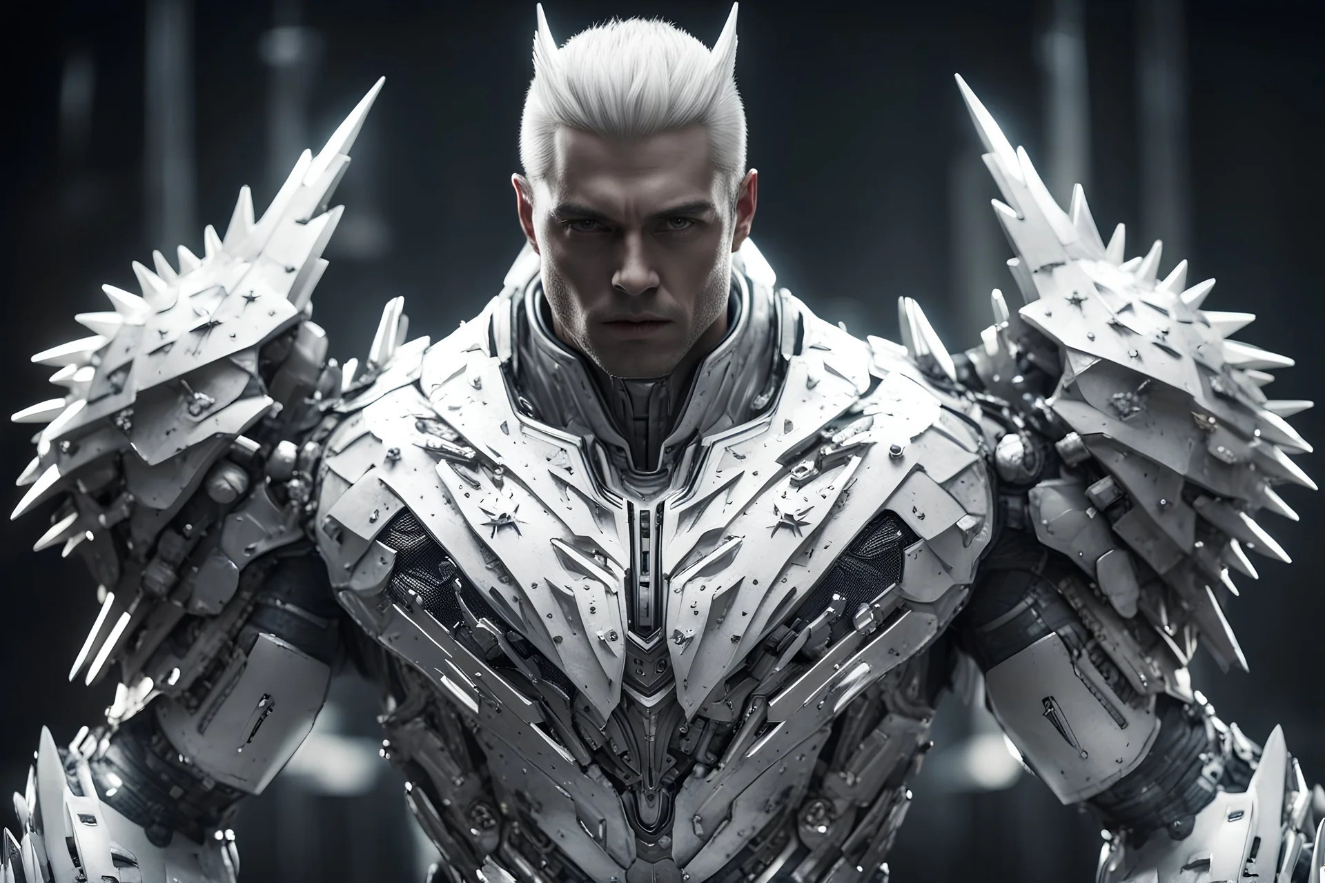 Tema Kuzmin manin a mega cool white iron super suit with spikes on his arms and shoulders, hdr, (intricate details, hyperdetailed:1.16), piercing look, cinematic, intense, cinematic composition, cinematic lighting, color grading, focused, (dark background:1.1)