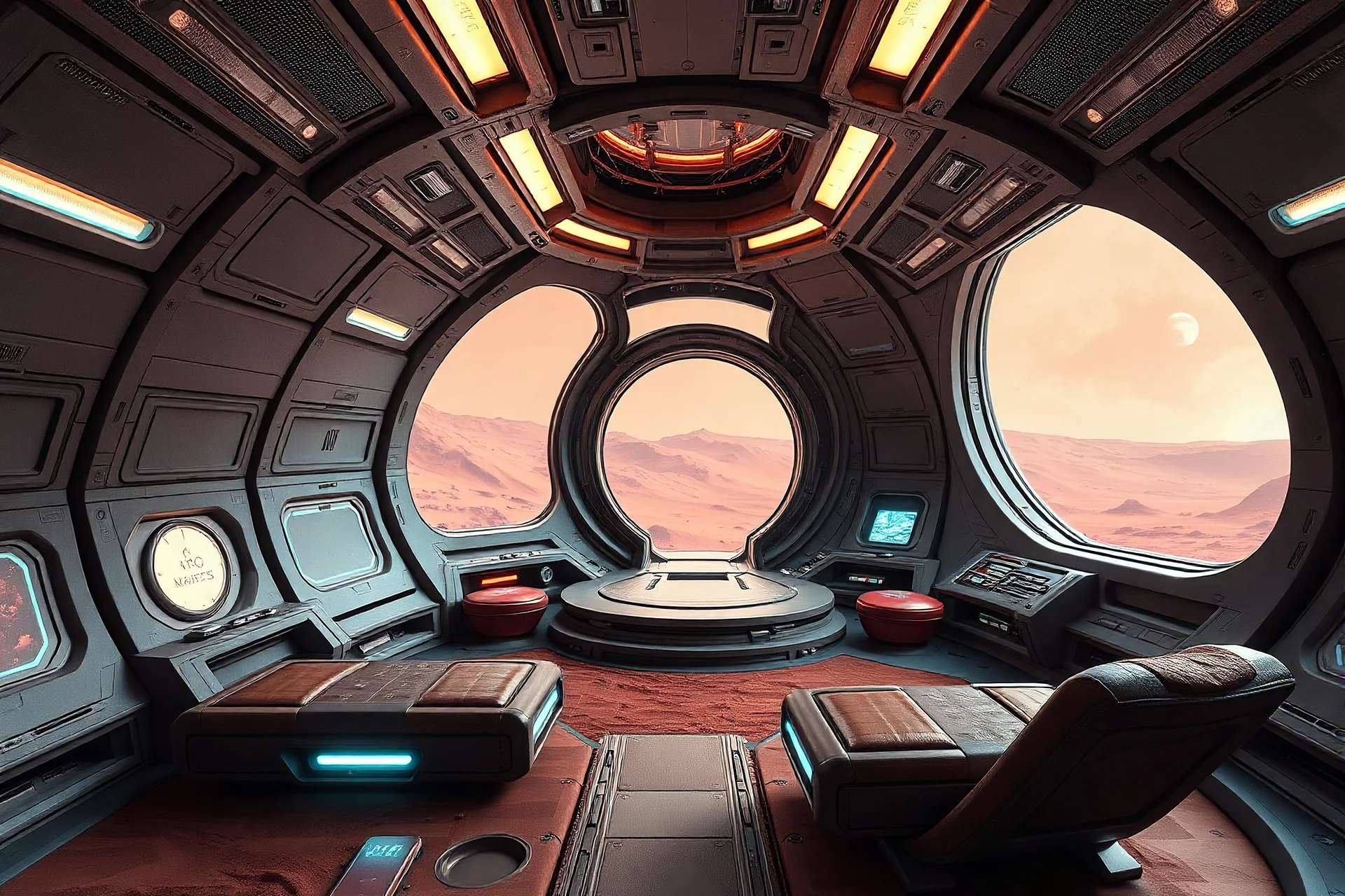 A spectacular interior inside a ufo spaceship with futuristic architecture on the planet Mars, using the Dune color palette, Photo realistic
