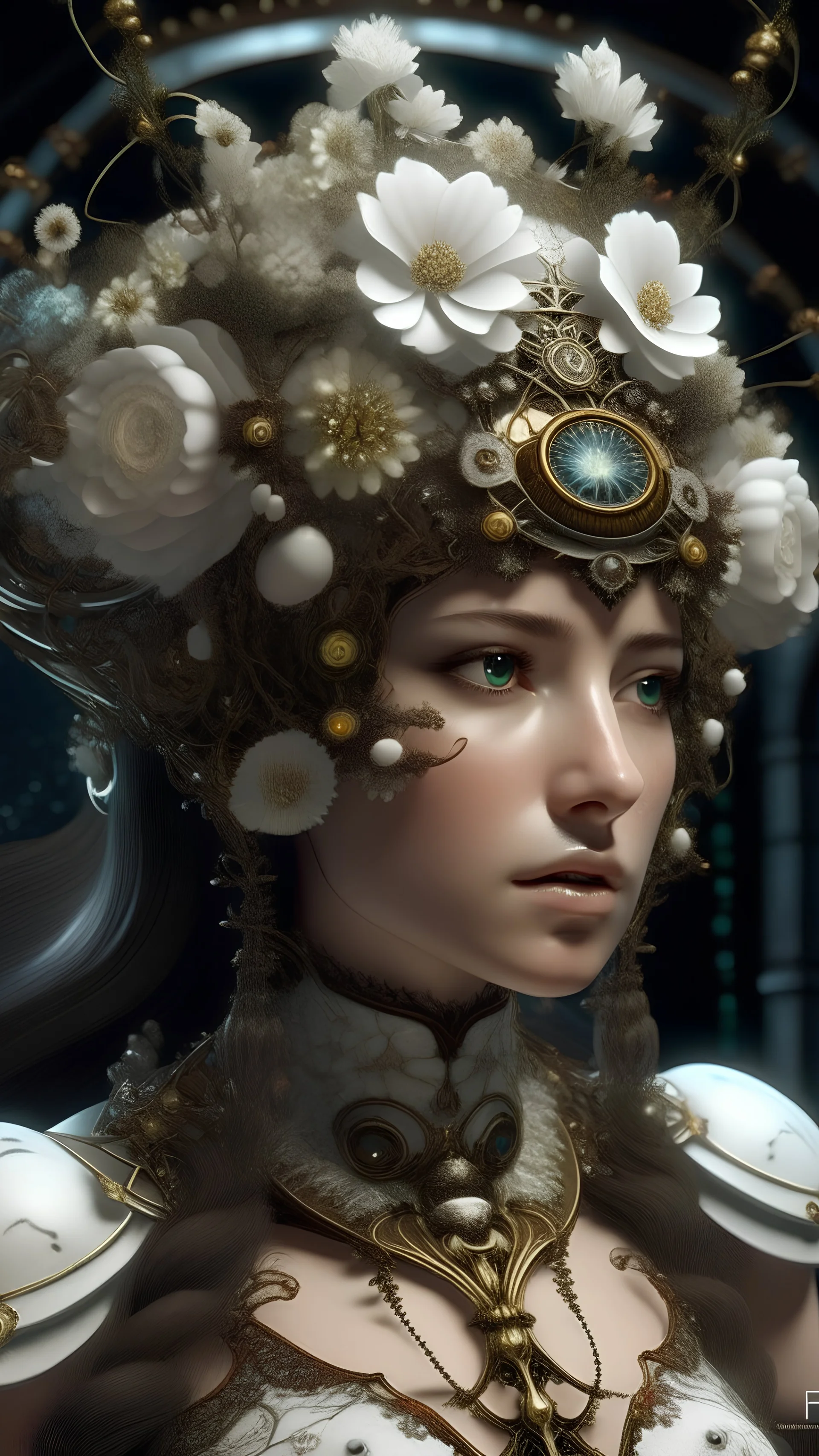 Faire. little fusion pojatti realistic steampunk, fractal isometrics details bioluminescens : a stunning realistic photograph italian character beautiful awesome with big white flowers tiara of wet bone structure, 3d render, octane render, intricately detailed, titanium decorative headdress, cinematic, trending on artstation | Isometric | Centered hipereallistic cover photo awesome full color, , hand drawn, dark, gritty, realistic mucha, klimt, erte .12k, intricate. hight definition , c