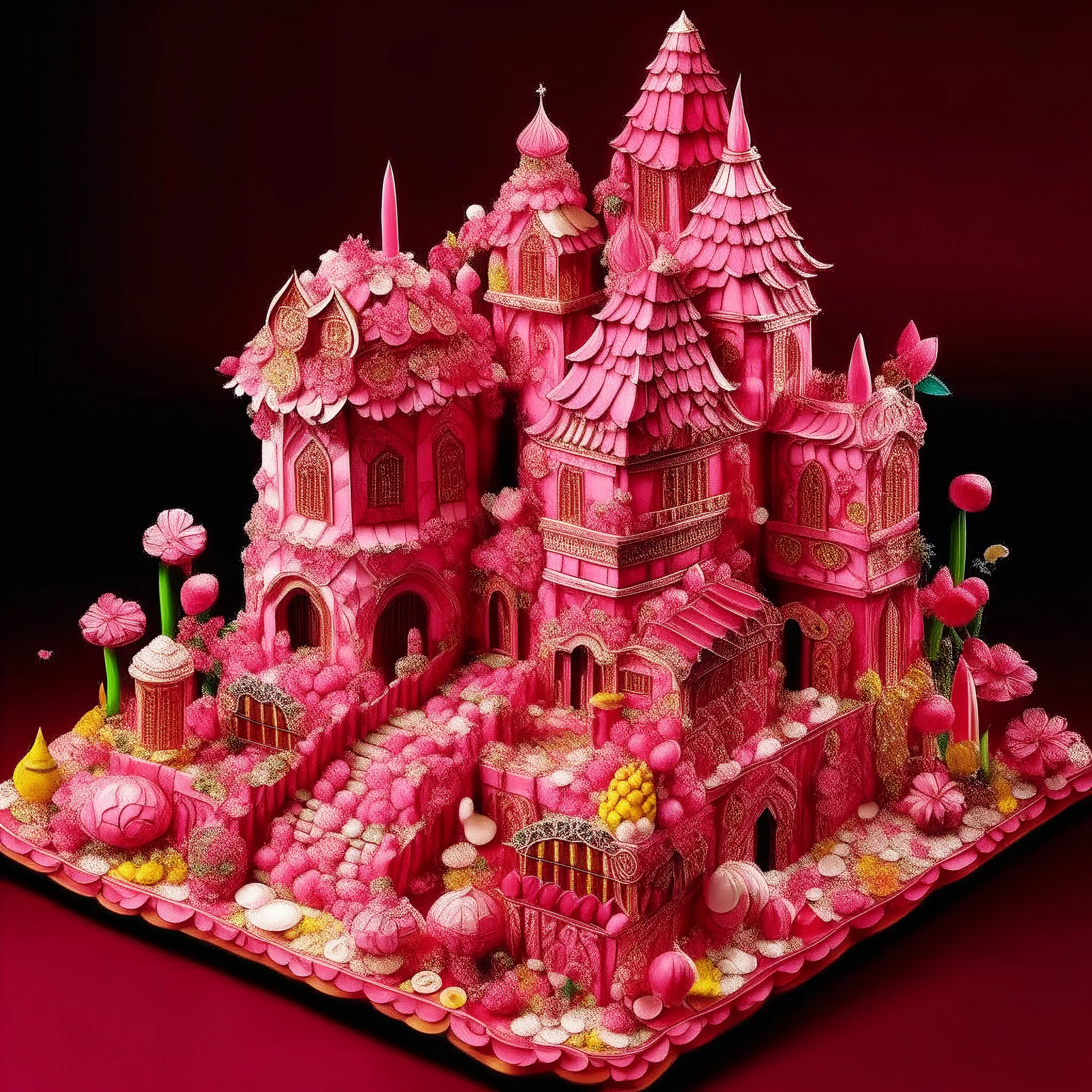 A pink kingdom made out of sweet candy designed in Chinese paper art painted by Albrecht Durer