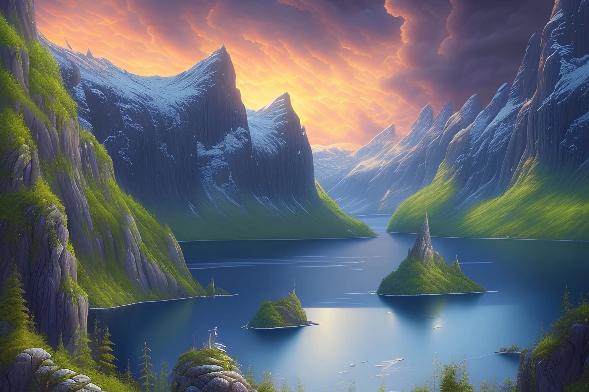 a beautiful digital painting of norwegian fjord, masterpiece, sharp focus, intricate details, colourant colors, visually stunning, wide angle view, octane render, volumetric lighting, vdb clouds, realistic shadows, uhd, 8k, art by leon aurdal