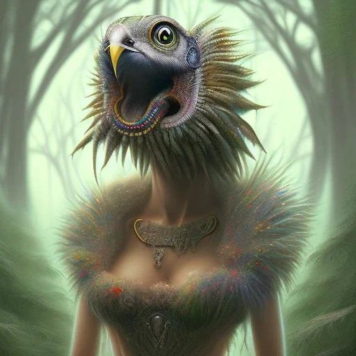 spray painting fantasy art, portrait camela harris as a bird looking crazy old in mummy sweater, standing in portal to wet forest world from city world,poetry book illustration