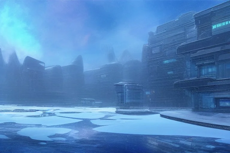 cyberpunk buildings near the frozen lake, winter, tendency to science fiction, realistic vision, impressionism painting