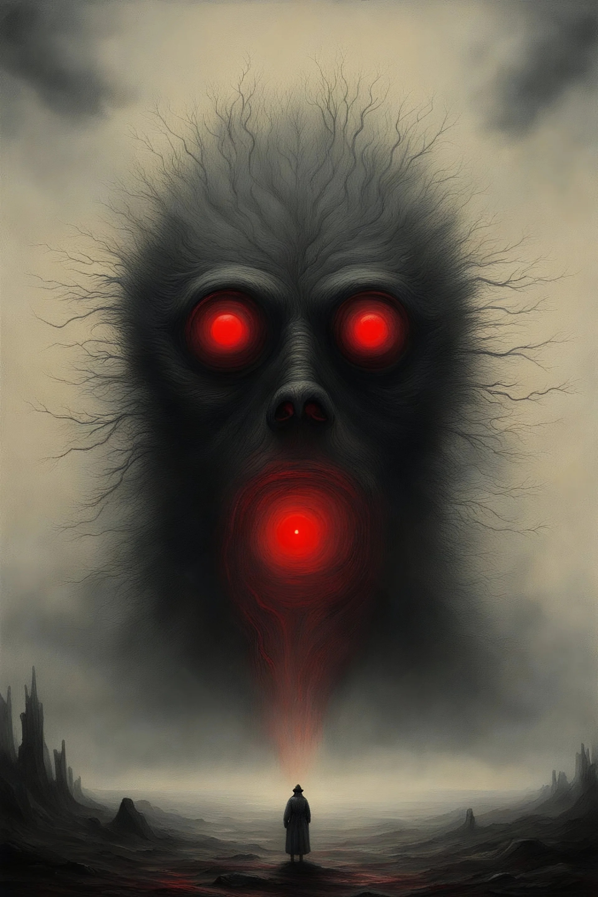 vaporous creature made with electric interferences and two red eyes ; style david caspar Friedrich