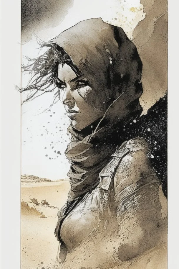 create an ink wash and watercolor, fine art print full body portrait illustration of a rugged gritty, roughly textured, hooded, black clad and dusty Fremen female mercenary with highly detailed feminine facial features, amidst the billowing desert storms of Arrakis, in the comic book art style of Bill Sienkiewicz, and Jean Giraud Moebius, finely textured, drawn, colored, and inked,