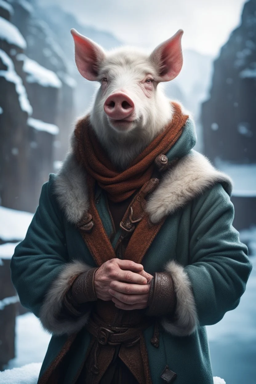 close up portrait of psionic bruce willis pig sheep ancient half elf half orc shaman thief in inviting pose on ice stone bridge wearing winter jacket, book cover