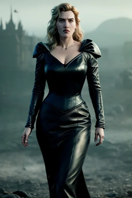 Kate Winslet as evil queen in black leather gown, cleavage, angry, stern look, unreal 5, octane render,cinema4d, dynamic lighting, dramatic lighting, 4k, redshift render, highly detailed, hyper realistic