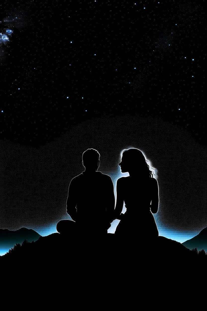 black background on a mountaintop with two silhouettes of a fit man and a silhouette of a fit woman sitting close to each other almost touching and looking at the stars