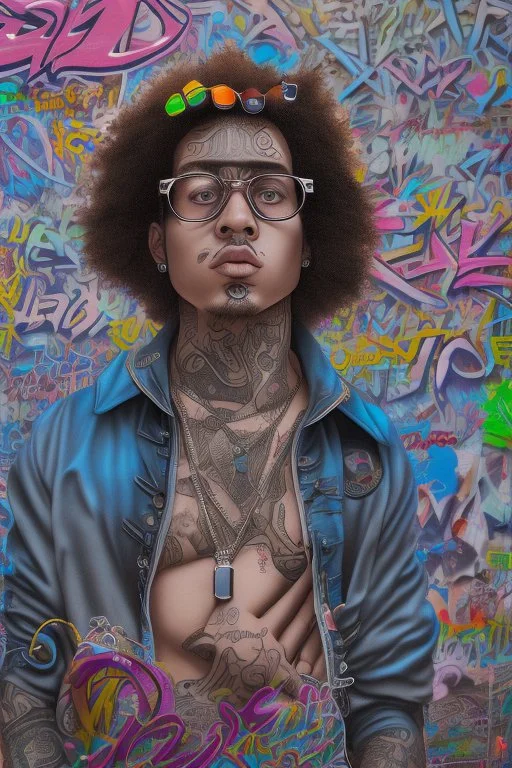 Rapper with glasses on, tattoos and piercings, afro hair and baggy pants. Graffiti wall in background