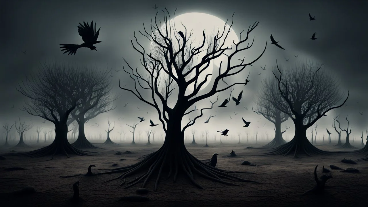 Birds and trees in alternative surreal barren, dry, gloomy world, nightmare in abyss, deep vortex, ,noir, surreal, dark mood, weird dark fantasy, deep dark colors, sharp lines, crepy stunning, high detalied, weird, fog, shadows, realistic, surreal, highly detailed, melancholic thriller mood