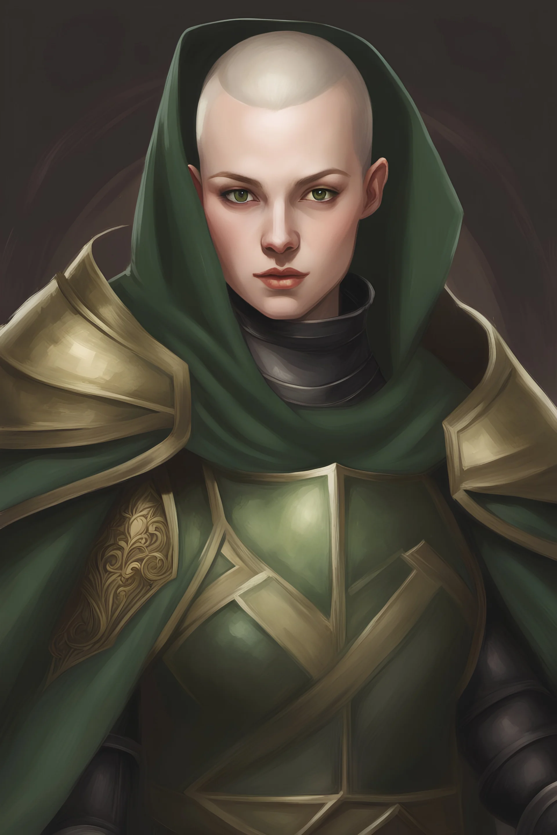 portrait colour drawing, fantasy setting, 26-year old female scholarly human cleric, shaved head, wearing armour and dark green cloak