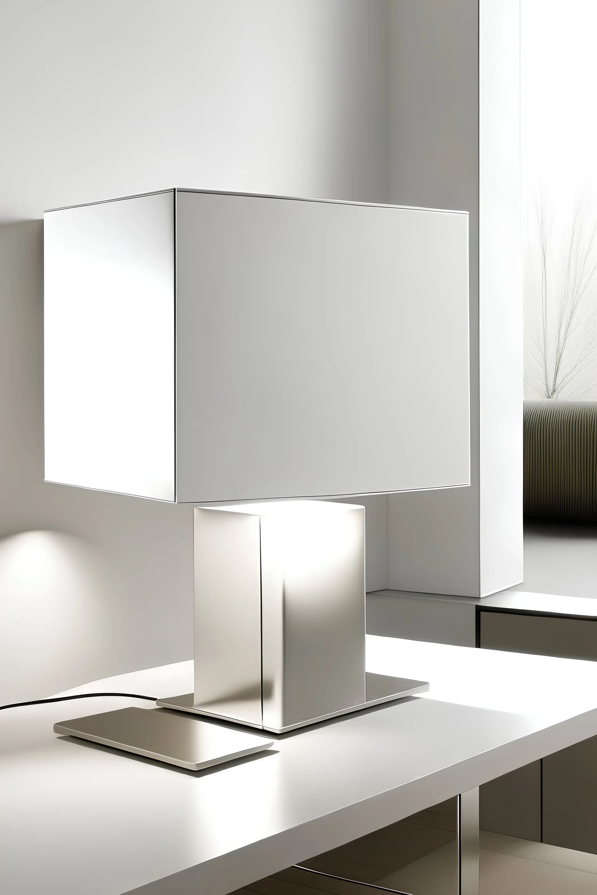 Lamp with a high Metalic cube lamprod and an oversized white linen lampshade