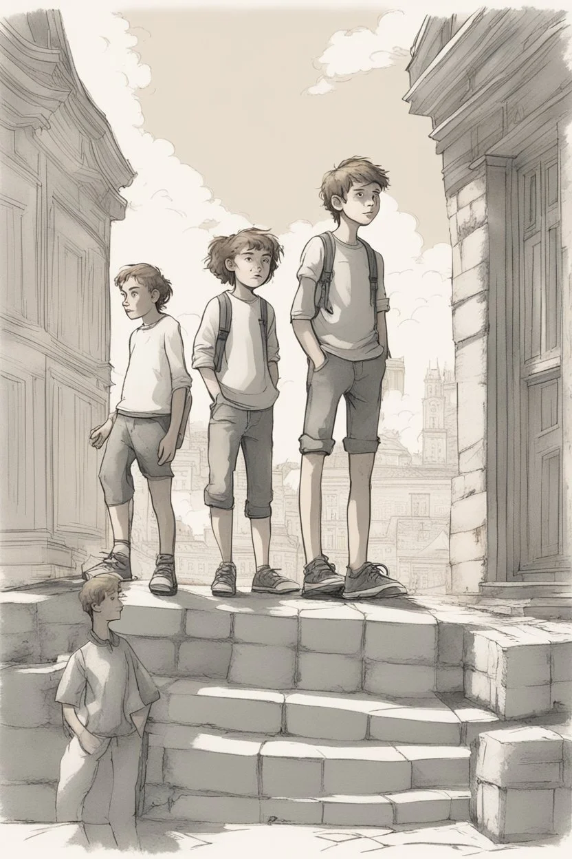 Ilustracja na okładkę książki dla młodzieży, przedstawiająca trójkę głównych bohaterów - dwóch braci i dziewczynę w wieku 13-16 lat, stojących na tle panoramy Słupska. Bohaterowie ubrani są w współczesne, młodzieżowe stroje i mają zaciekawione, pełne przygody wyrazy twarzy. Na pierwszym planie, u stóp bohaterów, siedzą trzy czarne koty