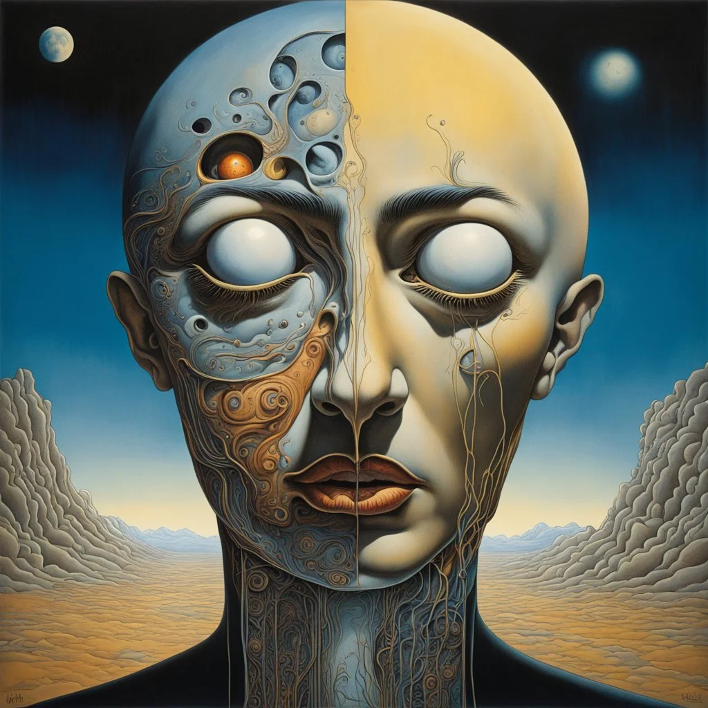 surreal zipper down the middle of face pulled down to reveal a moon underneath, surrealism, by Dali and Michael Whelan and Inada Shiho, expansive background, palpable textures, Whelan's distinctive visceral style and detailed line work, rich sharp colors.