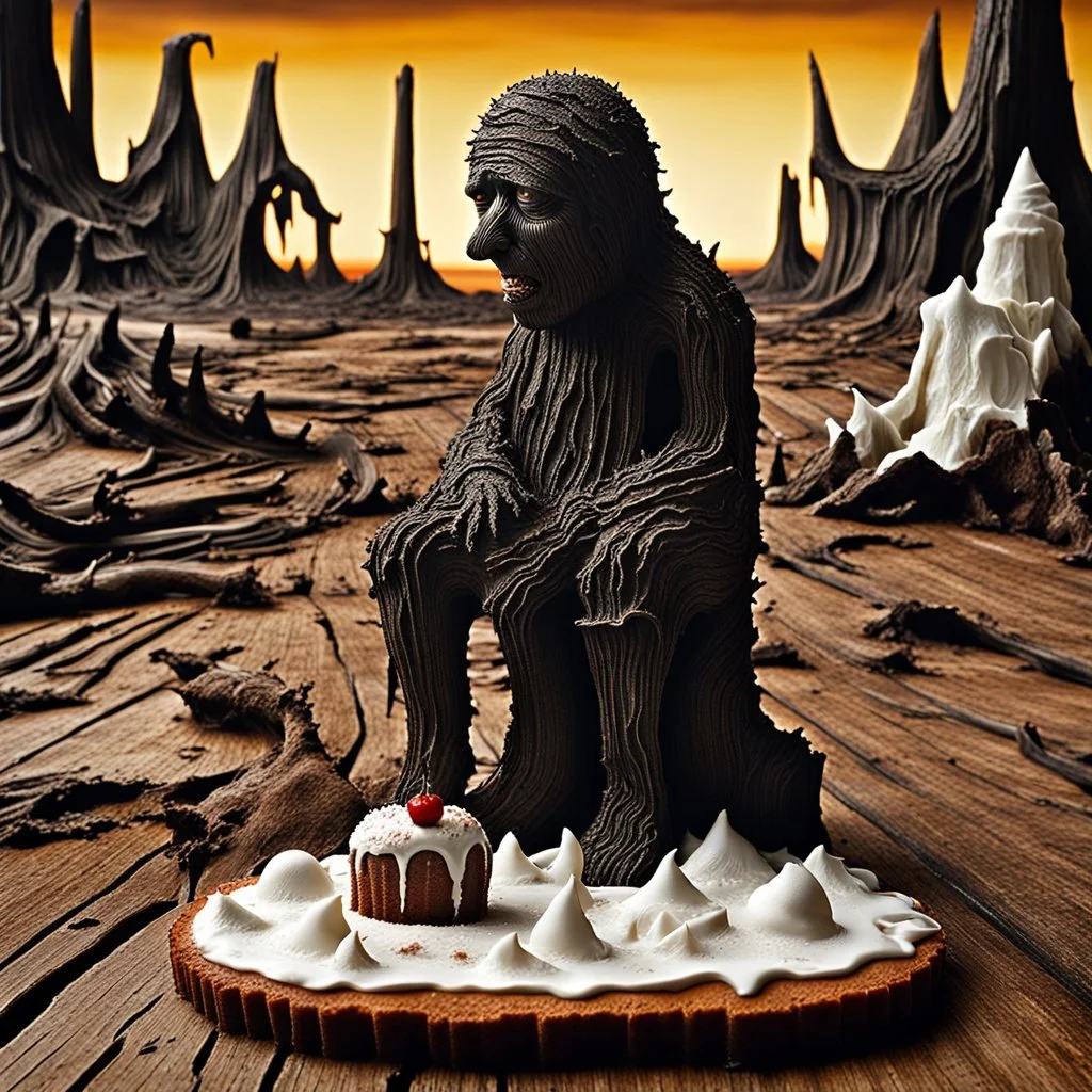 detailed peaceful landscape figure made of cake frosting, ice cream, dog teeth, Amano, Roger Dean, Max Ernst, strong texture Ernst Haekel, extreme detail, sunrise, nothingness and distressing anguish old wooden figure high contrast rich moody colours