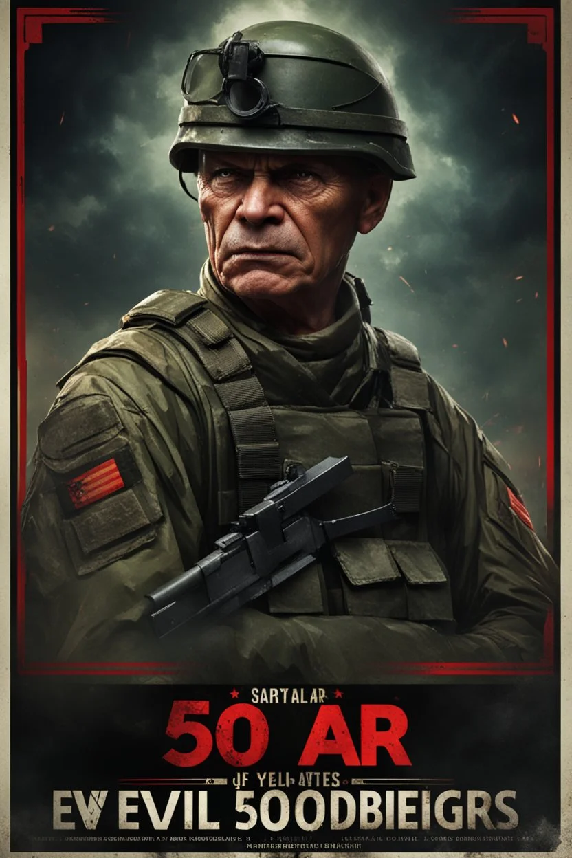 portrait of a 50 year old evil soldier. sneering expression, dark short hair,