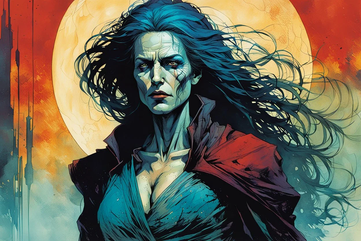 create an imaginative full body print illustration of an ethereal, otherworldly gaunt and withered ancient Romanian female Strigol vampire , in the comic book art style of Bill Sienkiewicz, Mike Mignola, and Jean Giraud Moebius, with highly detailed feminine facial features