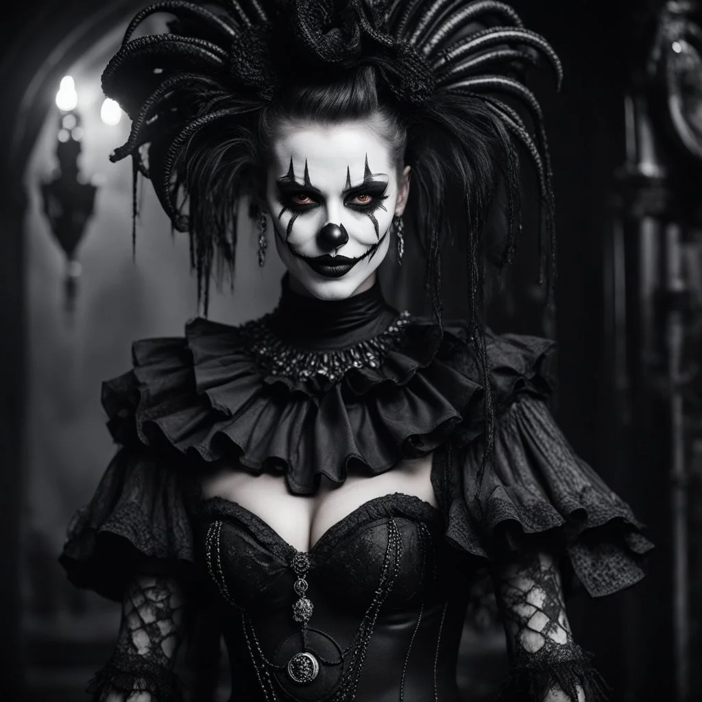Draped in a skimpy clown costume that defied all norms, the xenomorph clown woman moved with an otherworldly grace. Her gothic Killstar clothing adorned with intricate lace and black slime tar designs, a macabre fusion of terror and allure. Every movement she made seemed to be a dance of contradiction, a mesmerizing blend of beauty and horror.