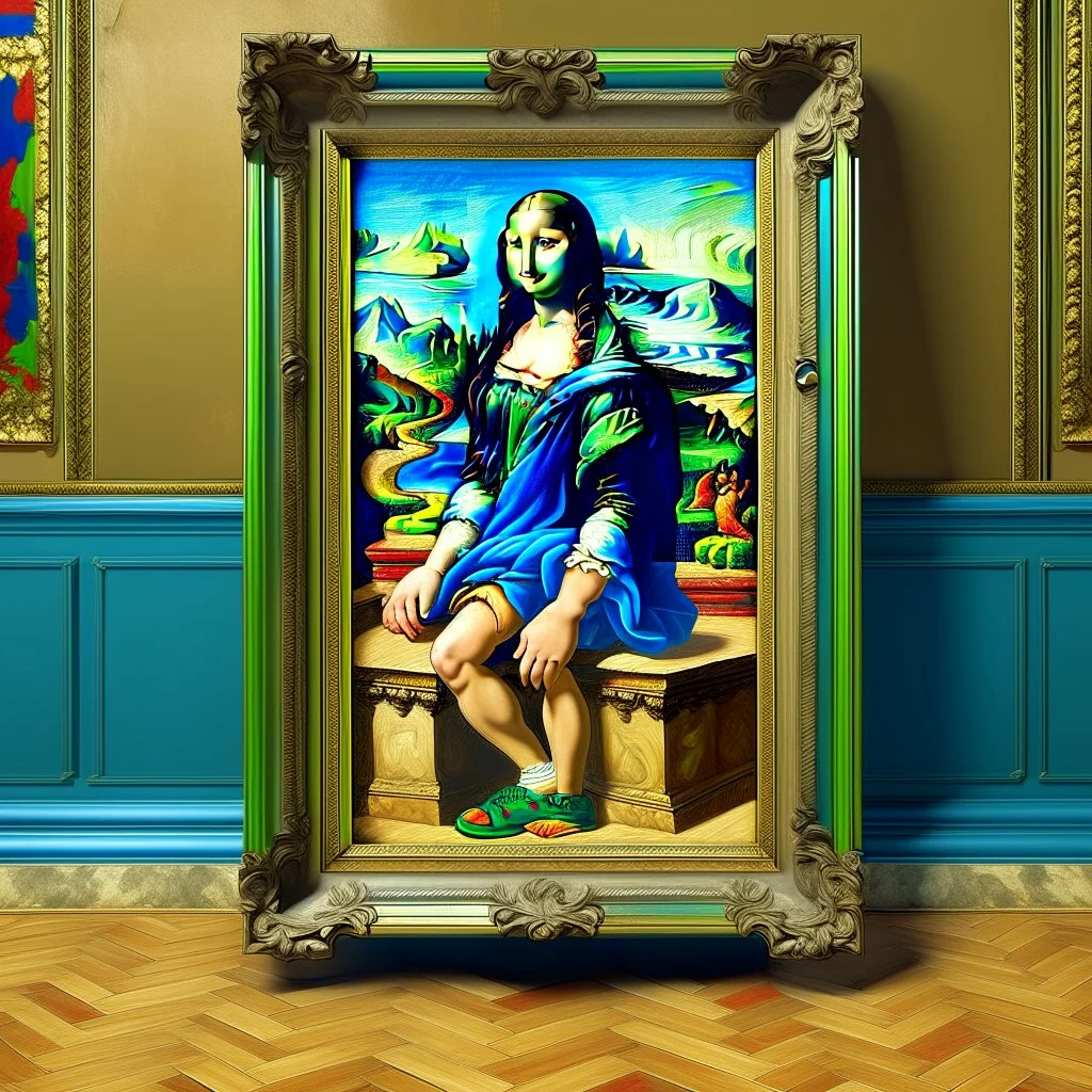 A painting of Mona Lisa on the wall, the frame with shorts and Crocs attached to her human legs