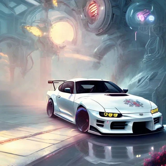 voiture blanche, fleur, chrome, synthwave, concept art, couleur vibrante, TOYOTA SUPRA