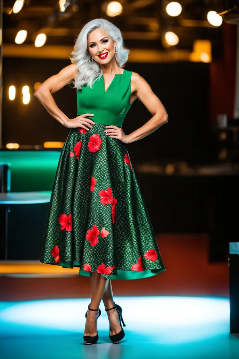 full body of very beautiful ukrain lady wearing green_black pretty midi flared dress ,white gray hair ,standing idle happy pose in studio