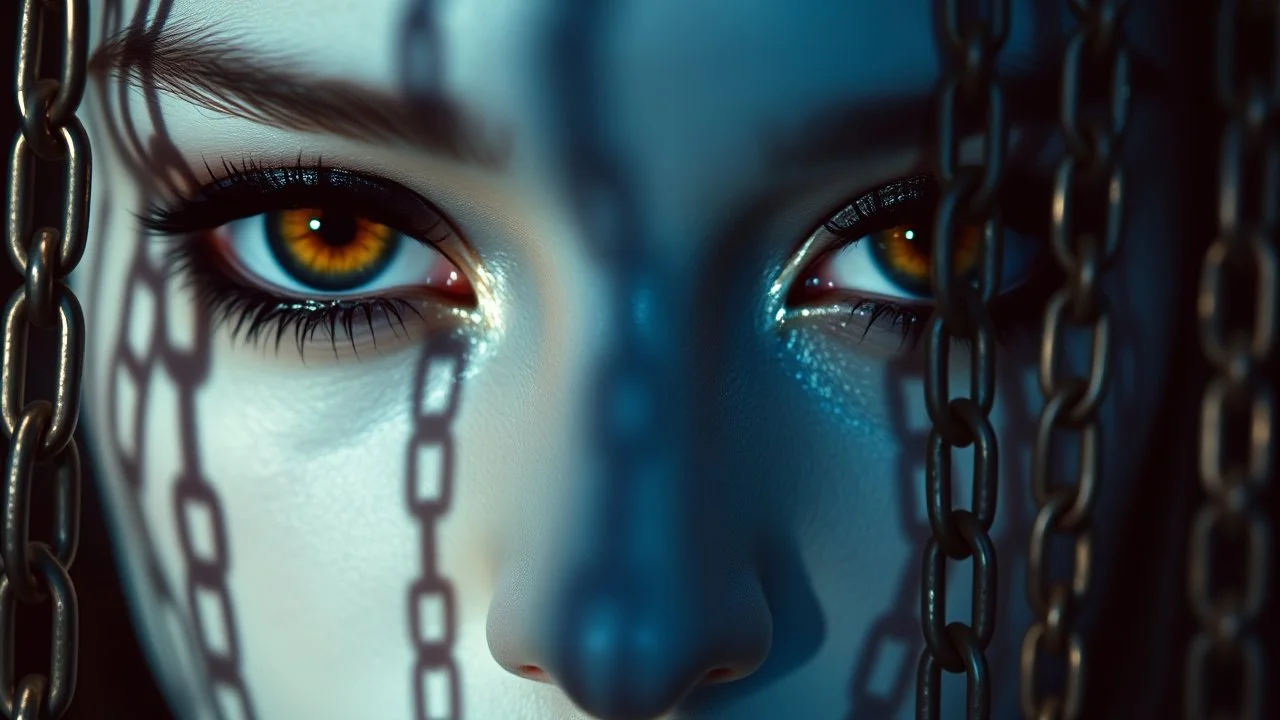 close up pale blue-white face with black-dark gold eyes with black shadow, detail face,, deep blue abyss, void vibe,, vertical shadows of five chains projected on her face, crepy stunning, surreal vibe with dark shadows
