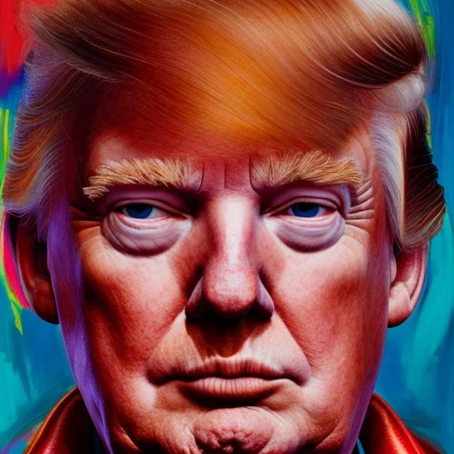 Photo of Donald Trump, beautiful face, multi-hued red hair; in the style of martine johanna, draped in flowing fabric, ignore nsfw, colorful energetic brush strokes, realistic, sharp focus, 8k high definition, insanely detailed, intricate, elegant, art by martine johanna and artgerm